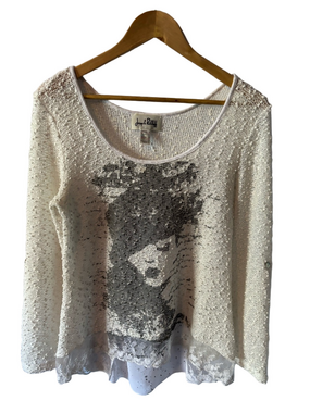 Joseph Ribkoff Popcorn Knit Tunic Mixed Media Sweater 8 Artsy Woman Lace Bow